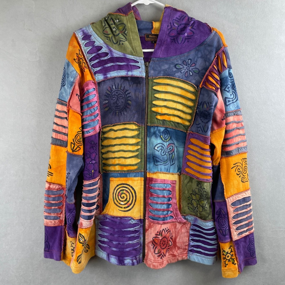 Rising International Patchwork Hoodie Unisex L Zip Up Jacket Psychedelic Earthy